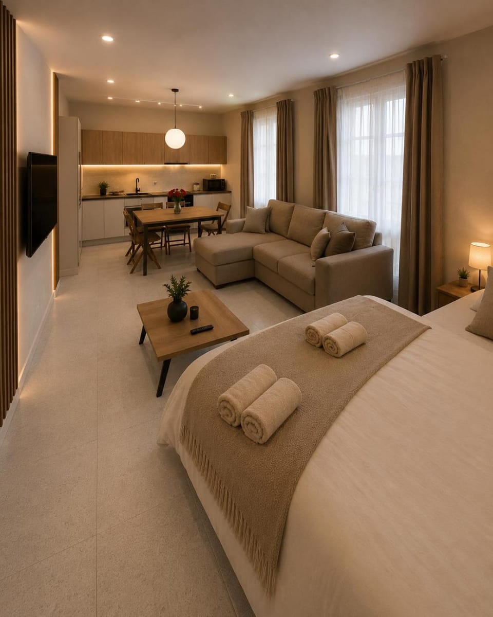 Bed, TV and multimedia, towels