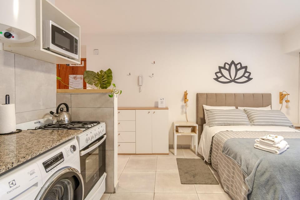 Bed, microwave, oven, washing machine