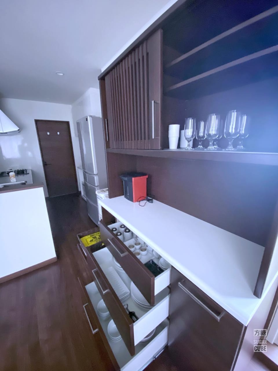 Kitchen or kitchenette, stove