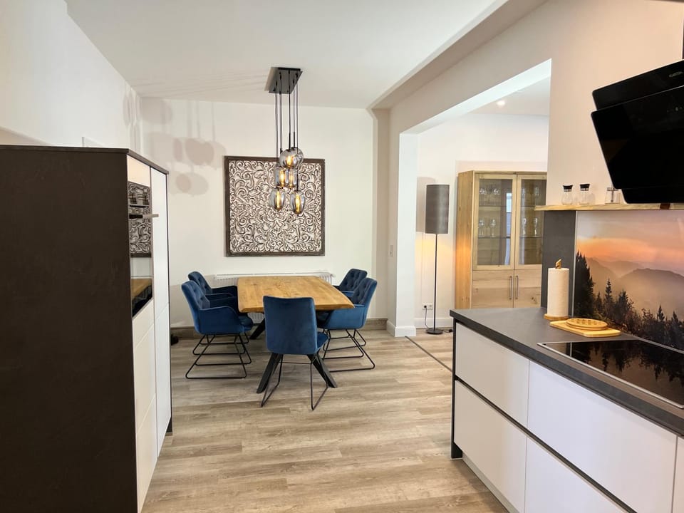 Kitchen or kitchenette, Living room, Seating area, Dining area, stove