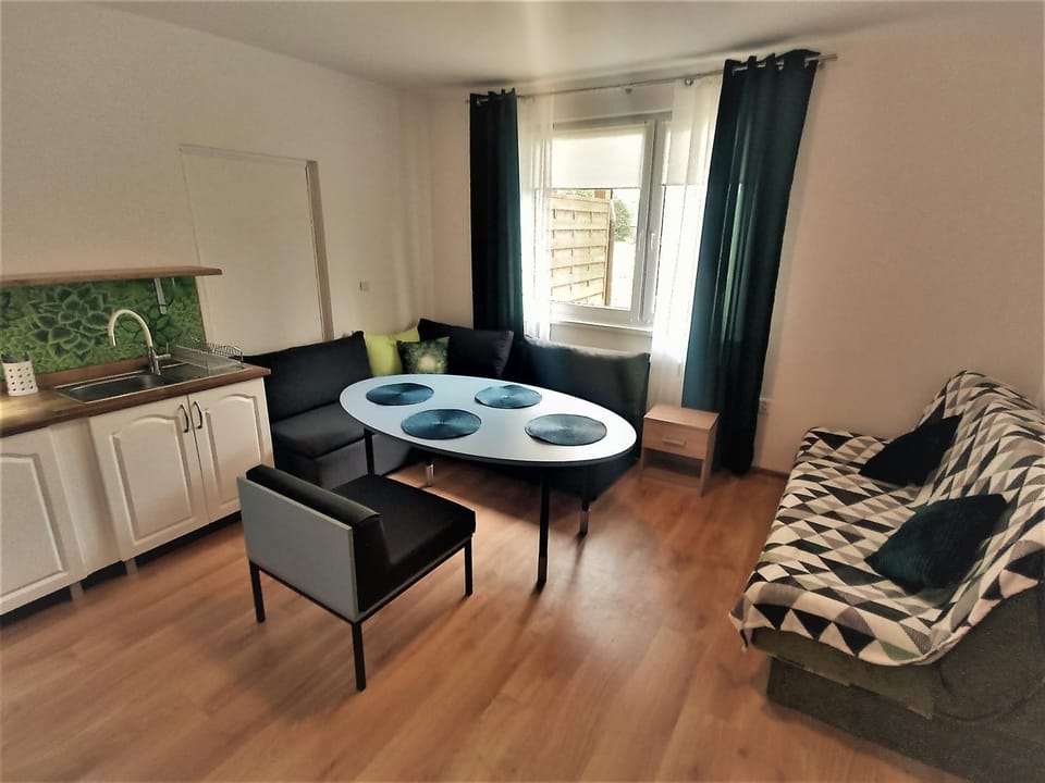 Kitchen or kitchenette, Living room, Seating area, Dining area
