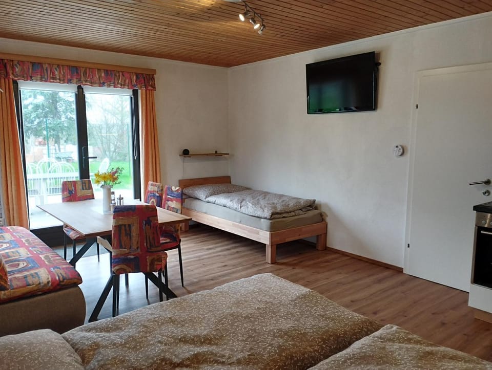 Bed, TV and multimedia, Living room, Photo of the whole room, Seating area, Dining area, Bedroom