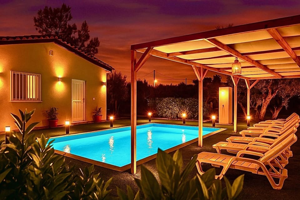 Patio, Night, Natural landscape, Pool view, Swimming pool, sunbed