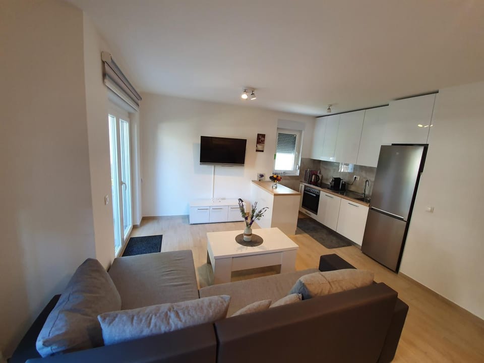 Kitchen or kitchenette, Living room, Seating area, Dining area