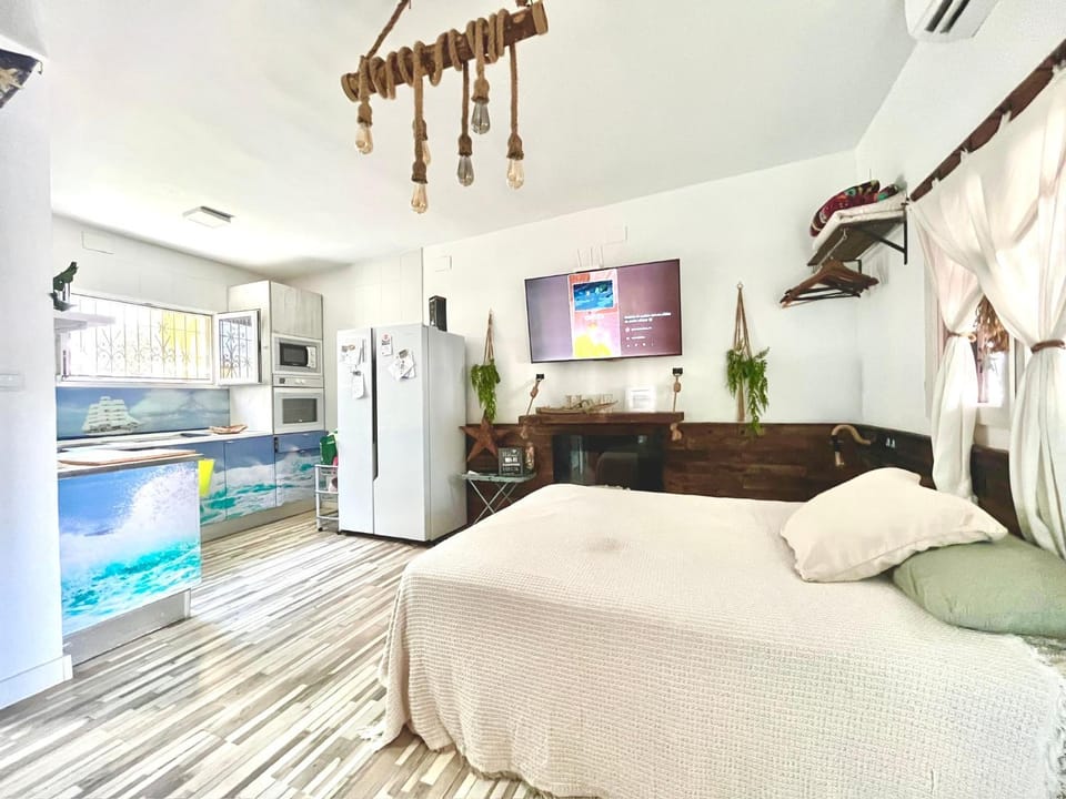 Bed, TV and multimedia, Kitchen or kitchenette, Photo of the whole room, Bedroom, fireplace, flat iron, heating, oven, air conditioner