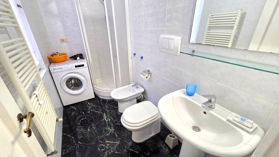 Shower, Toilet, Bathroom, bidet, towels, washing machine