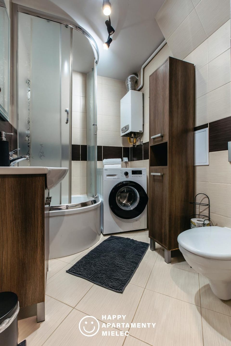 Shower, Toilet, Bathroom, towels, washing machine, dryer