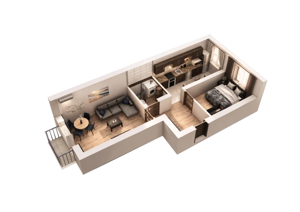 Bird's eye view, Bathroom, Living room, Bedroom, kitchen