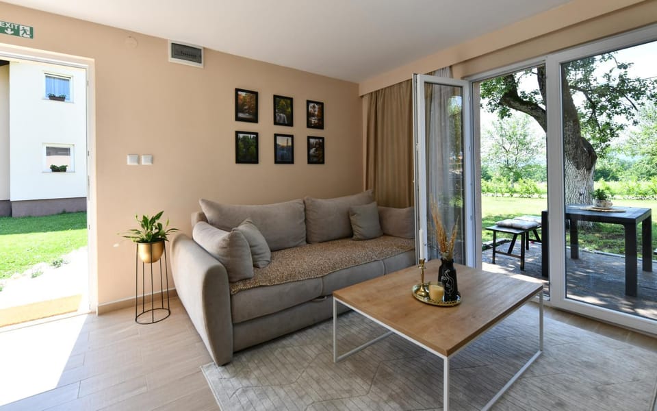 Living room, Seating area, Garden view