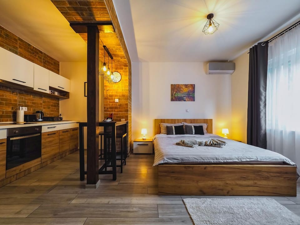 Bed, TV and multimedia, Kitchen or kitchenette, Photo of the whole room, Dining area, Bedroom, internet, towels, air conditioner