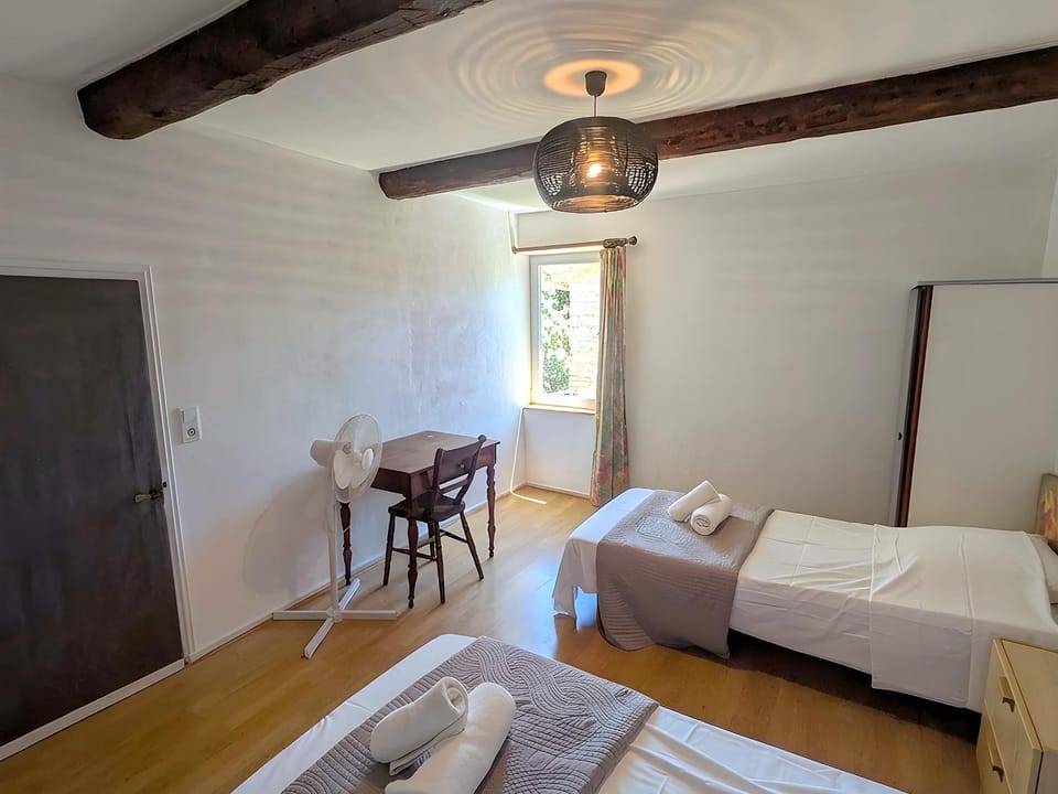 Bed, Photo of the whole room, Bedroom, fireplace, towels, air conditioner