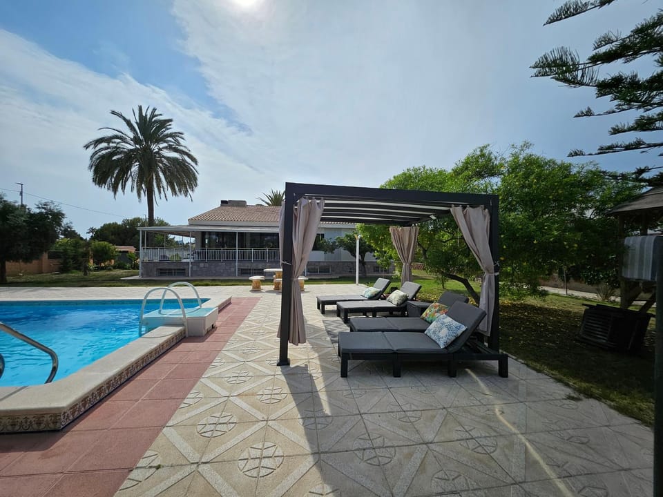 Property building, Patio, Day, Garden, Garden view, Pool view, Swimming pool
