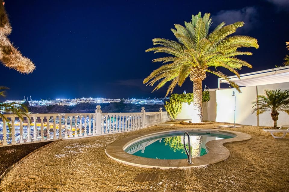 Patio, Night, Natural landscape, View (from property/room), Pool view, Sea view, Swimming pool