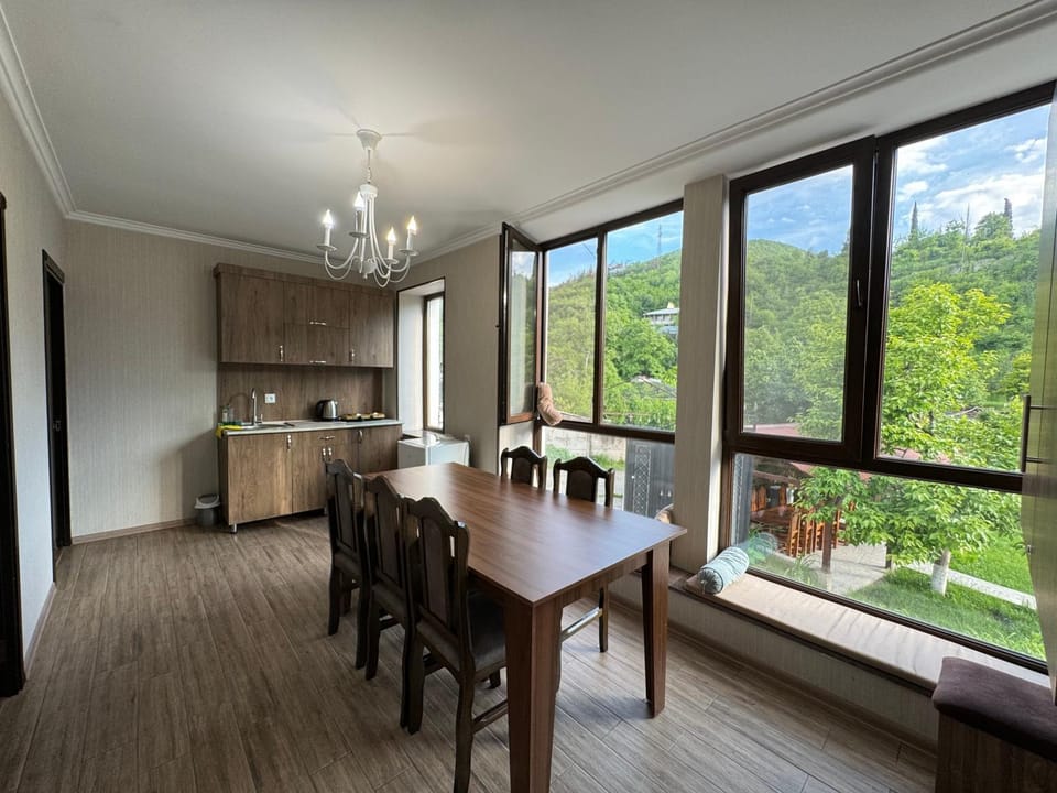 Kitchen or kitchenette, Living room, Seating area, Dining area