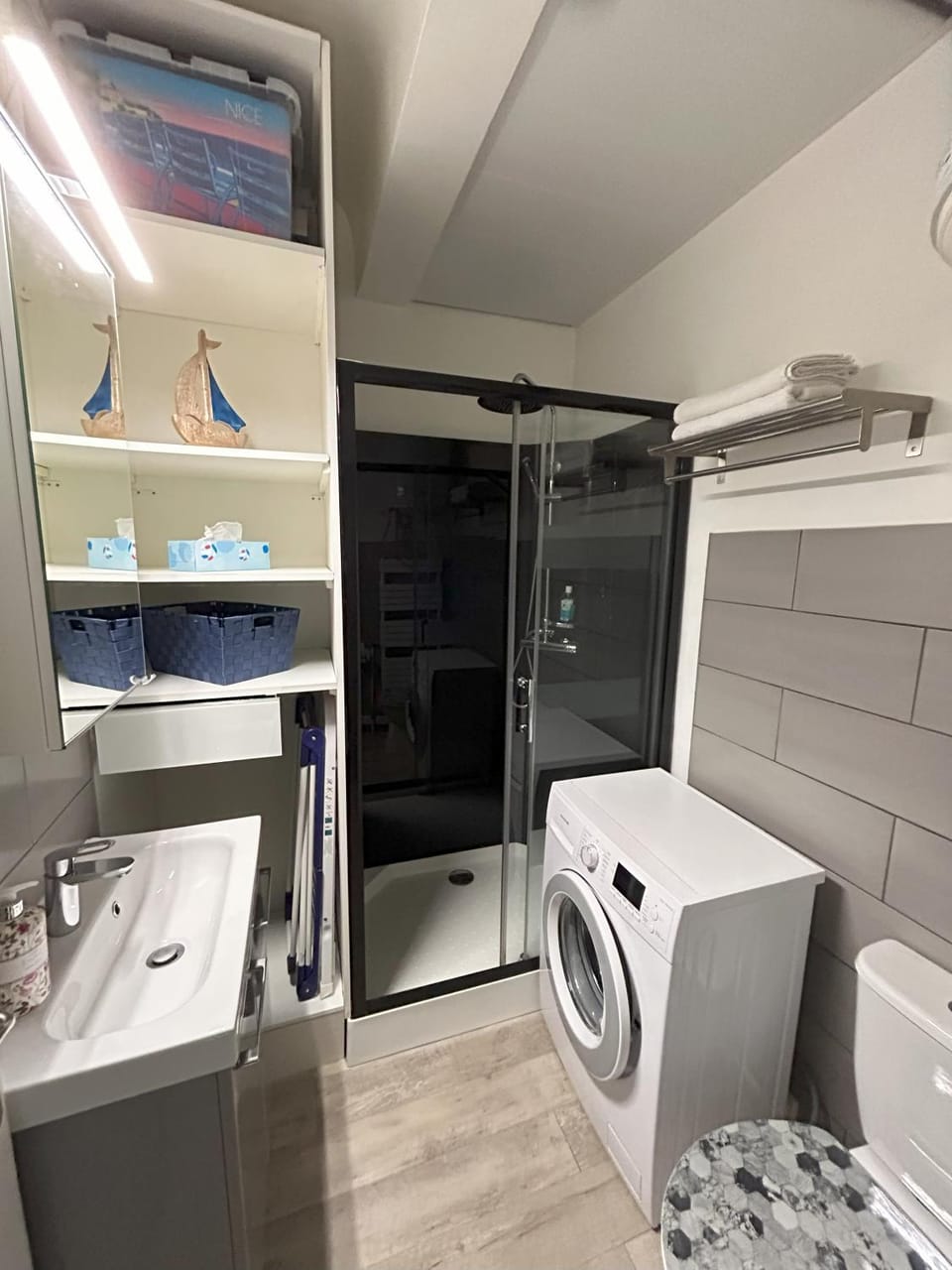 Shower, towels, washing machine