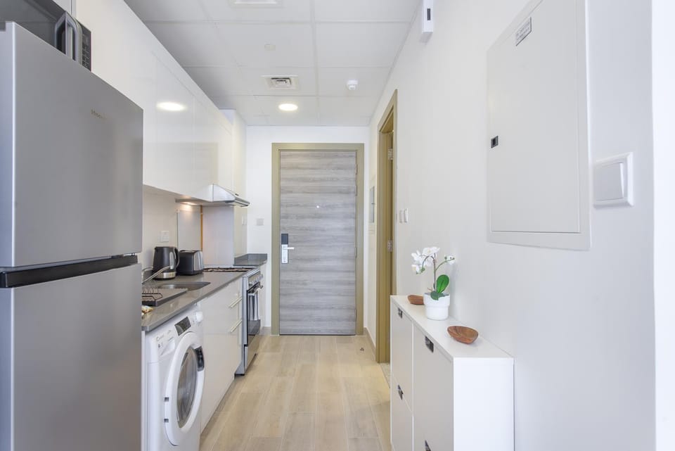 Kitchen or kitchenette, oven, stove, washing machine