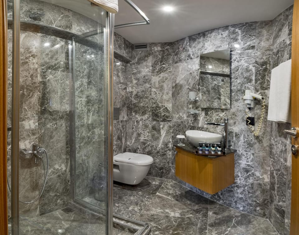 Shower, Toilet, Bathroom, hair dryier, towels