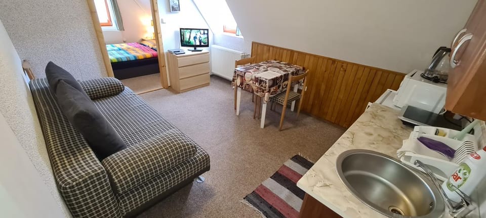 Kitchen or kitchenette, Living room, Seating area, Dining area