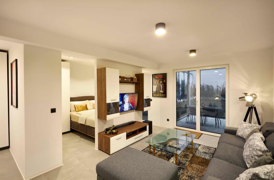 Bed, TV and multimedia, Living room, Seating area, Bedroom