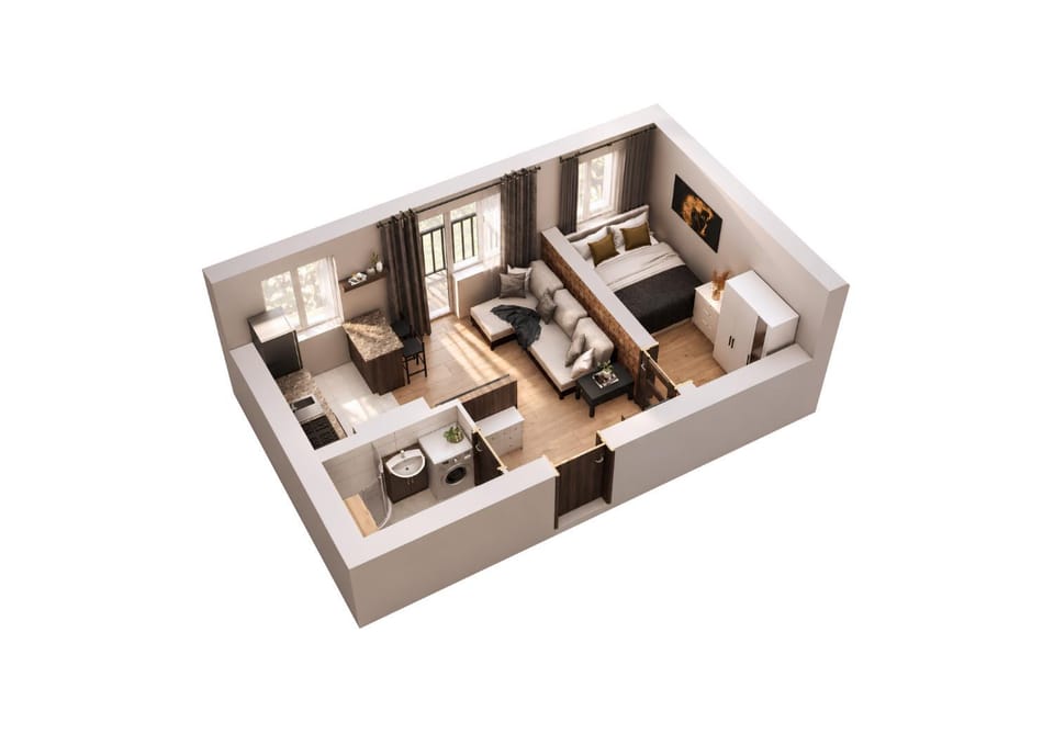 Bathroom, Living room, Bedroom, kitchen