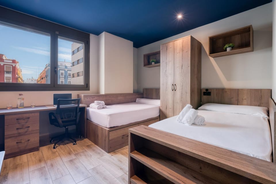 Bed, wardrobe