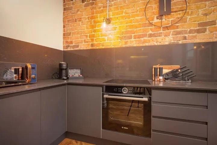 Kitchen or kitchenette, stove