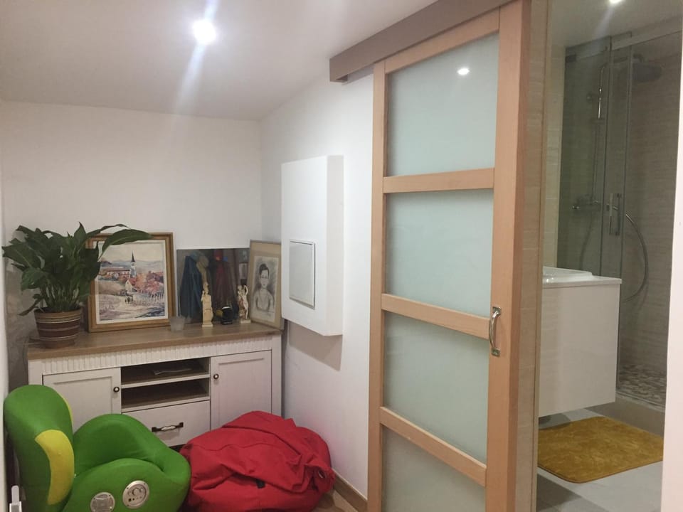 Shower, Bathroom, Inner courtyard view