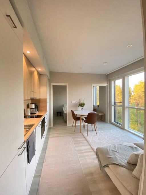 Kitchen or kitchenette, Living room, Seating area, Dining area