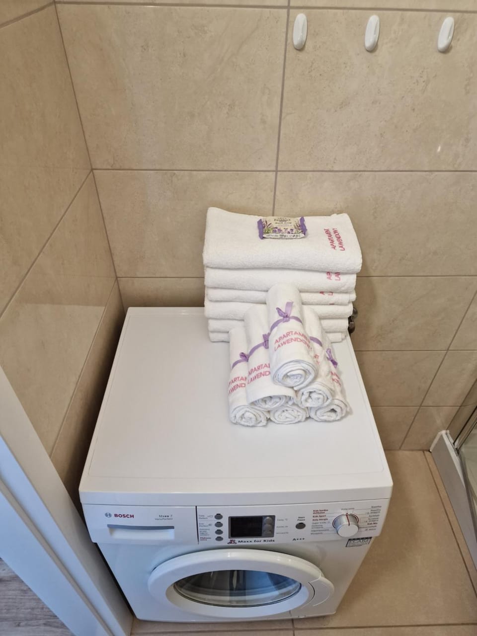 Bathroom, towels, washing machine