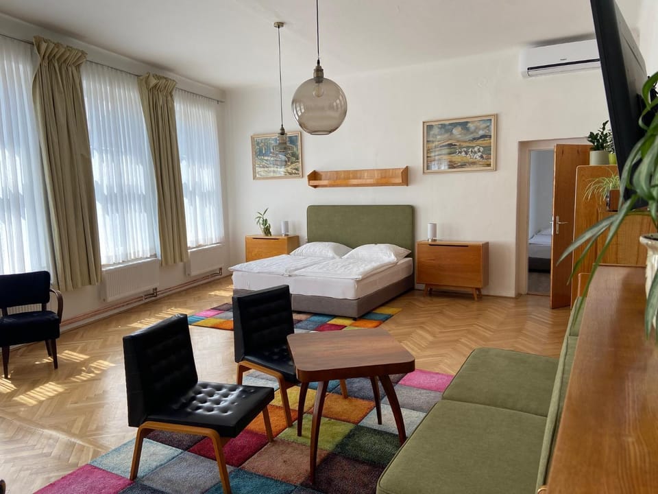 Bed, TV and multimedia, Living room, Photo of the whole room, Seating area, Evening entertainment, Bedroom, fireplace, hair dresser, air conditioner