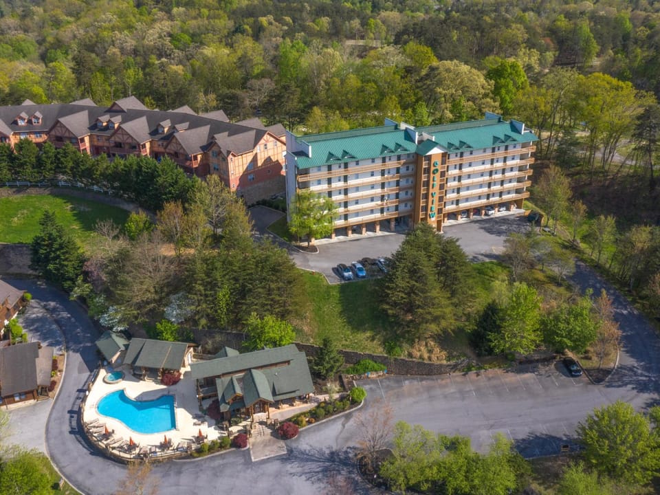 Property building, Natural landscape, Bird's eye view, Garden, Swimming pool, Parking