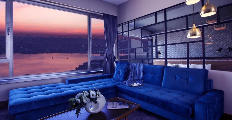 Living room, Decorative detail, Seating area, Sea view, Sunset