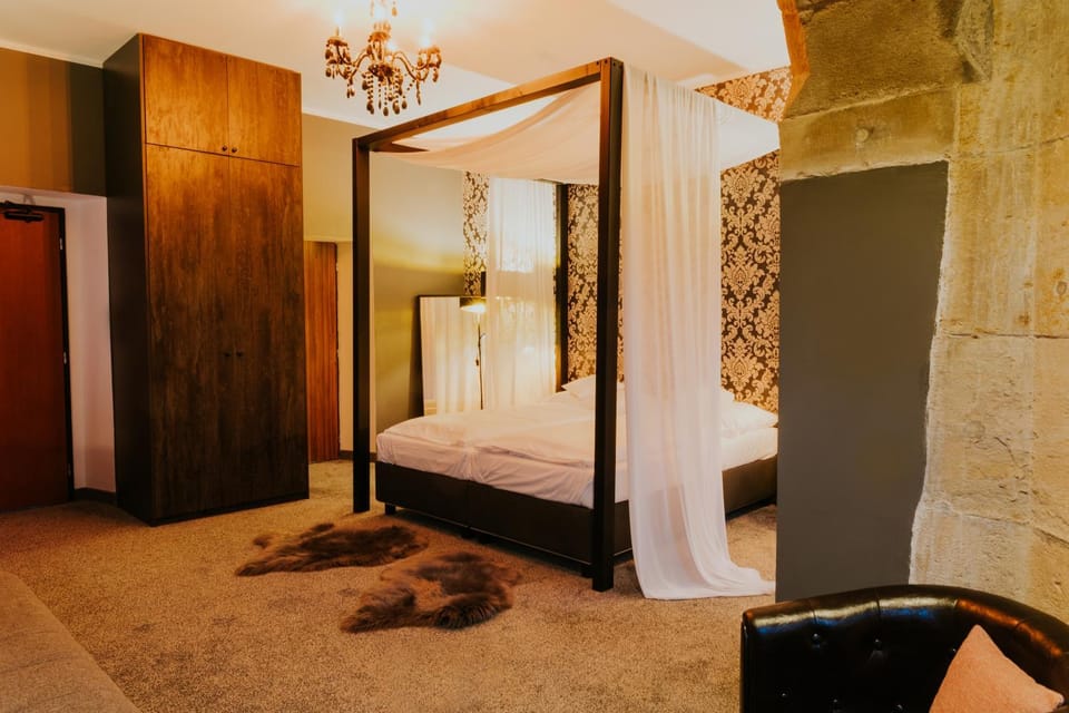Bed, wardrobe