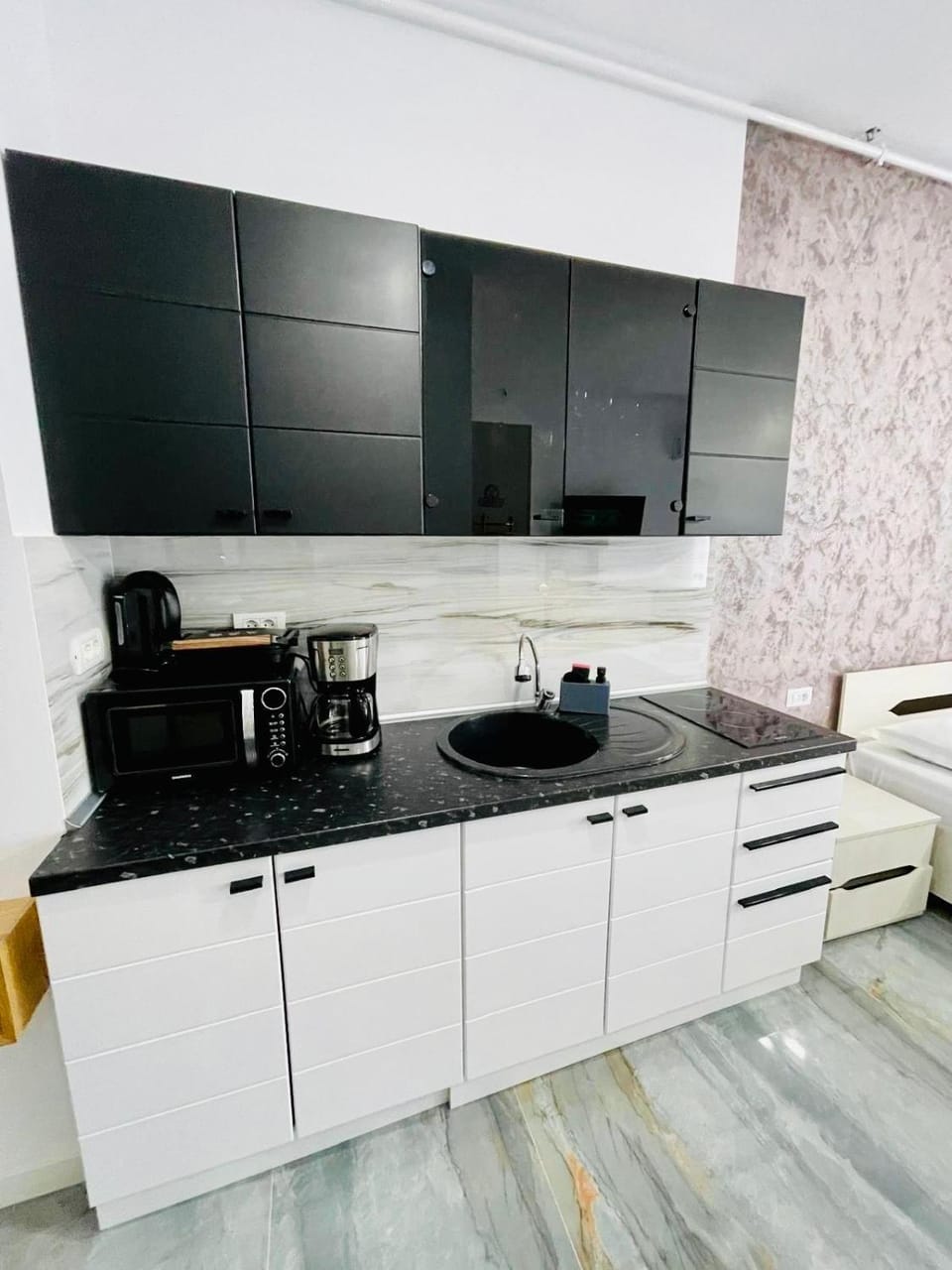 Kitchen or kitchenette, stove