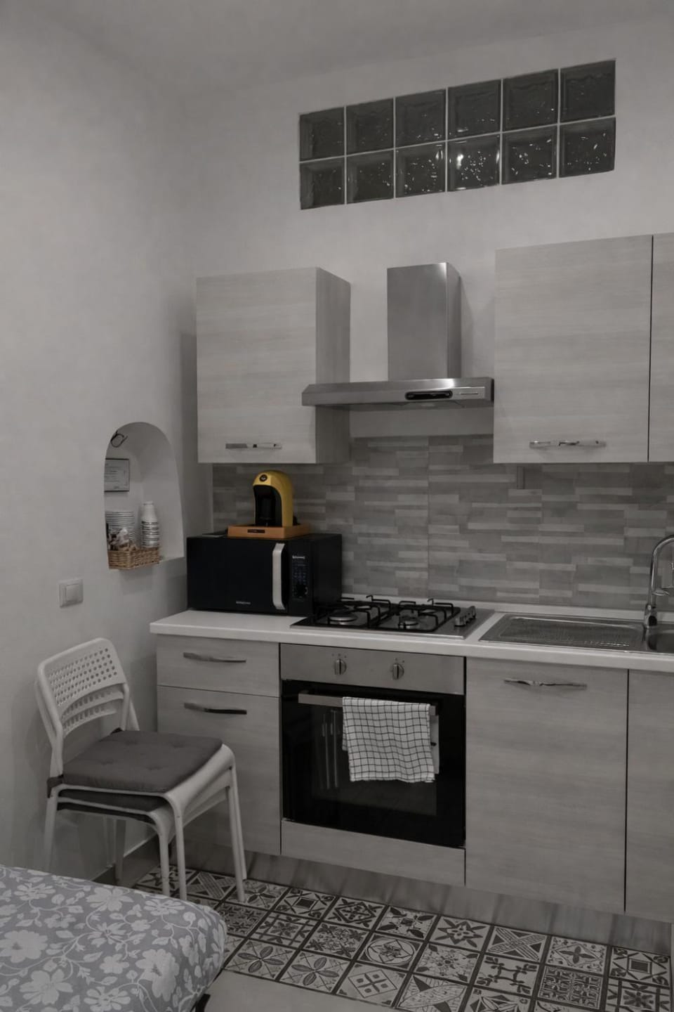 Kitchen or kitchenette, stove