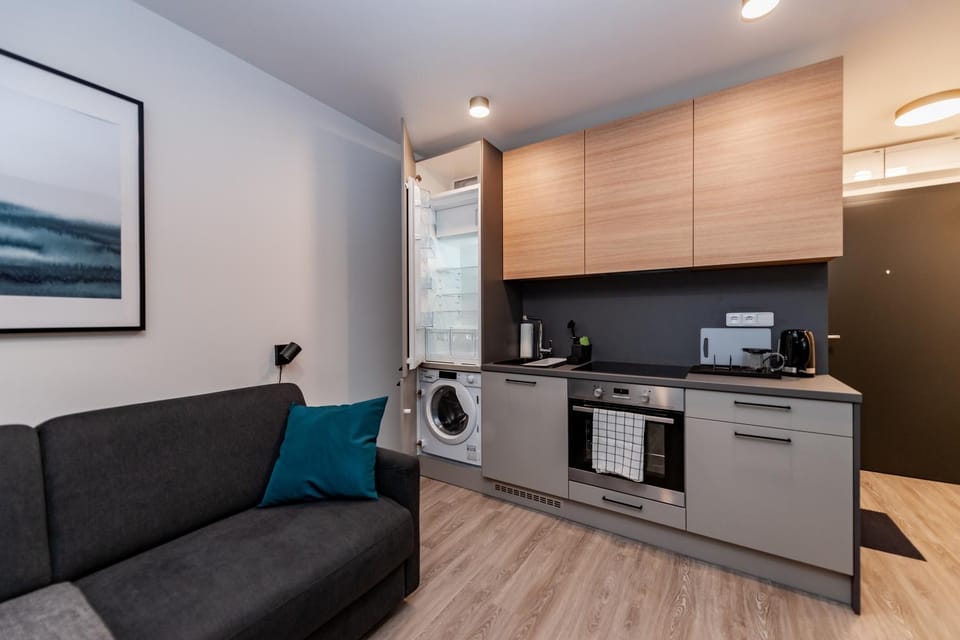 Kitchen or kitchenette, Living room, oven, stove, washing machine