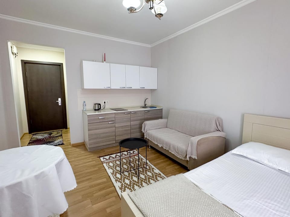Bed, Kitchen or kitchenette, Living room, Seating area, Bedroom