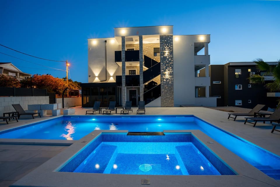 Property building, Swimming pool, Sunset
