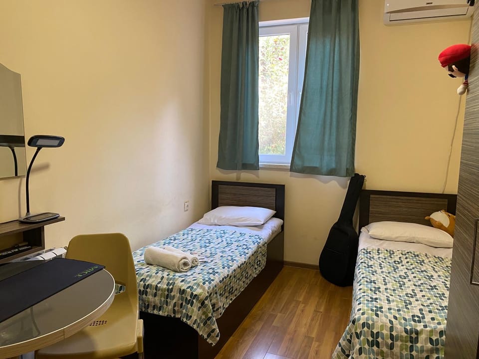 Bed, Photo of the whole room, Bedroom, towels, air conditioner