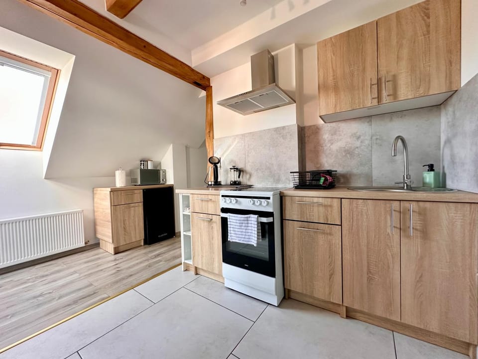 Kitchen or kitchenette, locker, oven, stove, toaster