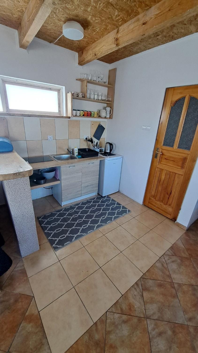 Kitchen or kitchenette, stove