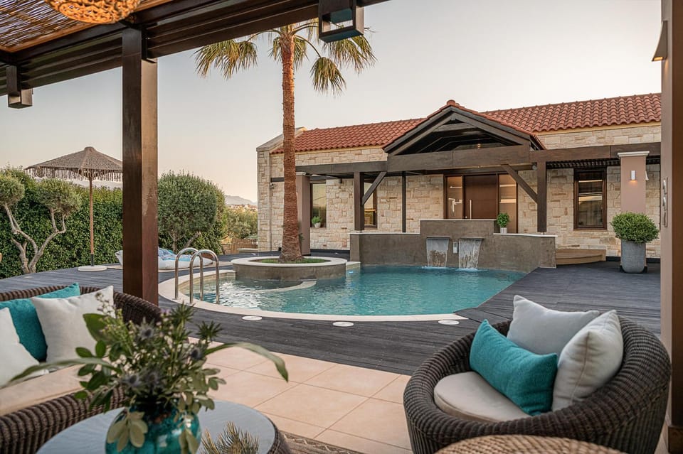 Property building, Patio, Day, Natural landscape, Seating area, Pool view, Swimming pool, Swimming pool, sunbed