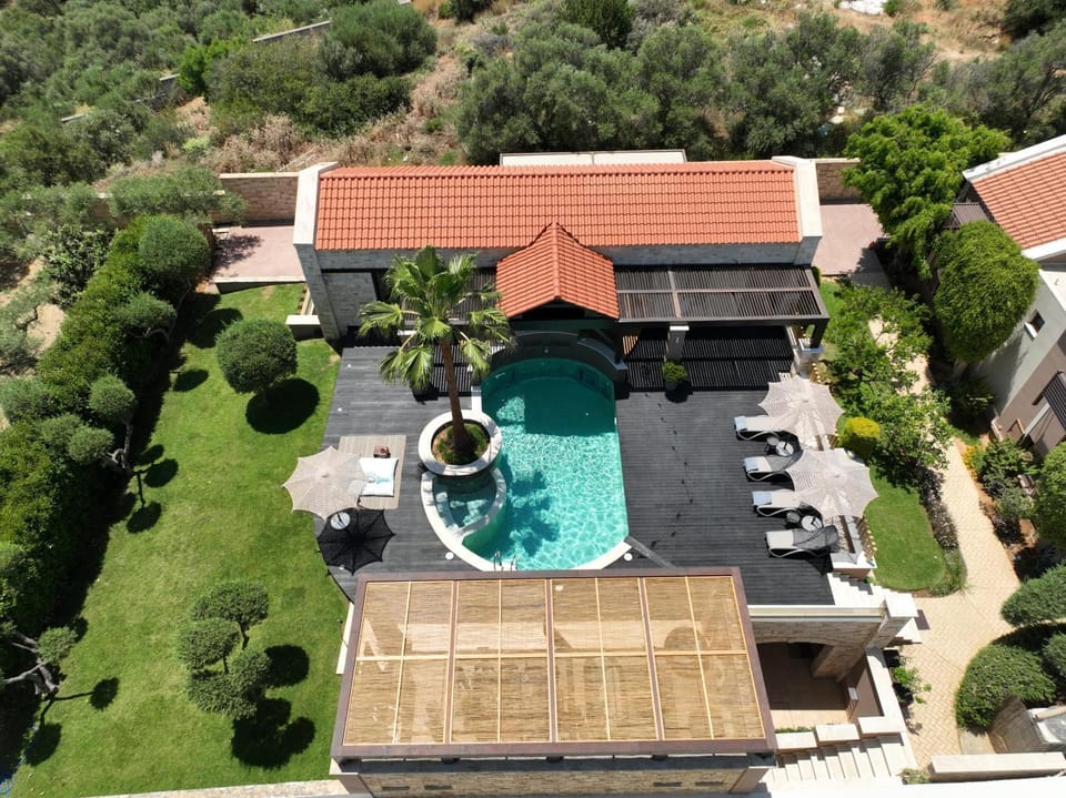 Property building, Patio, Spring, Day, Bird's eye view, Garden, Garden view, Pool view, Swimming pool, sunbed