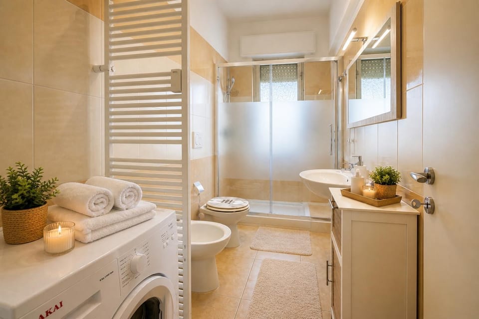 Bathroom, towels, washing machine