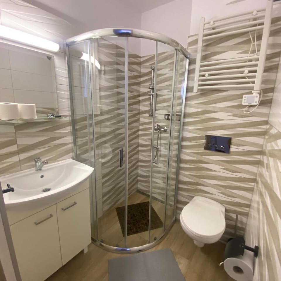 Shower, Toilet, Bathroom, hair dryier, towels