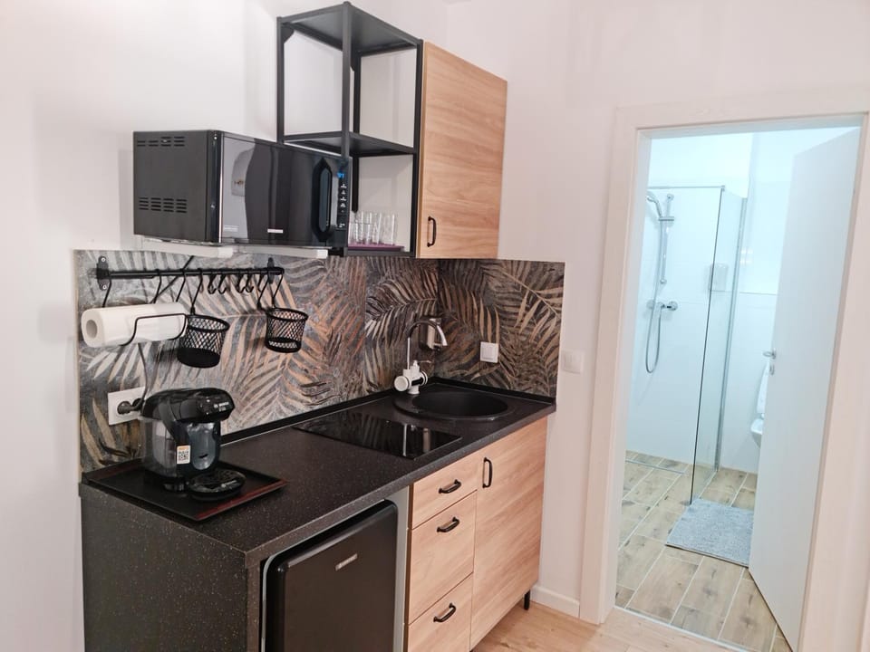 Kitchen or kitchenette, minibar, stove