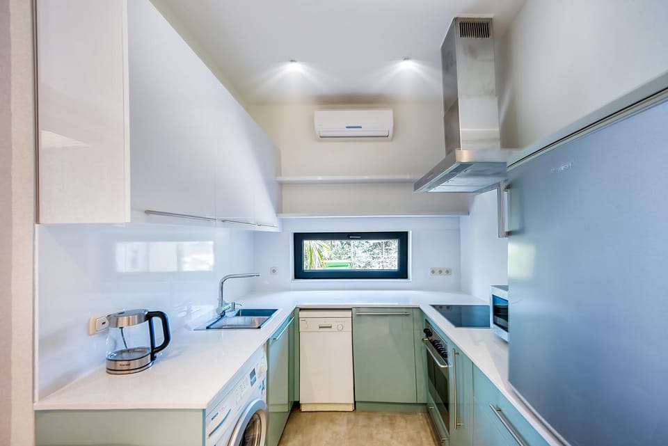 Kitchen or kitchenette, dishwasher, stove, air conditioner