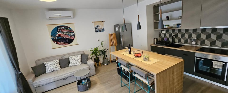 Kitchen or kitchenette, Living room, Dining area, oven, stove, air conditioner