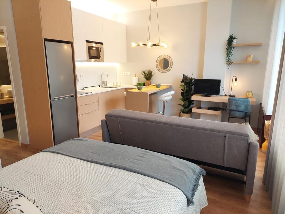 Bed, Kitchen or kitchenette, Living room, Photo of the whole room, Seating area, Dining area, Bedroom