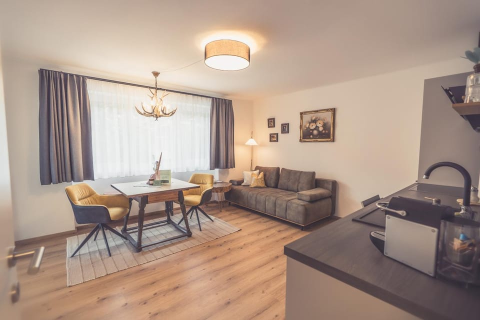 Kitchen or kitchenette, Living room, Seating area, Dining area